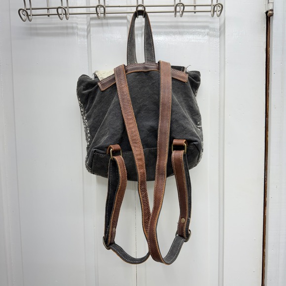 Myra Bag Carry Me back pack cow hide white grey paisley‎ canvas 10.5 x 3.5 x 9.5 main image 4